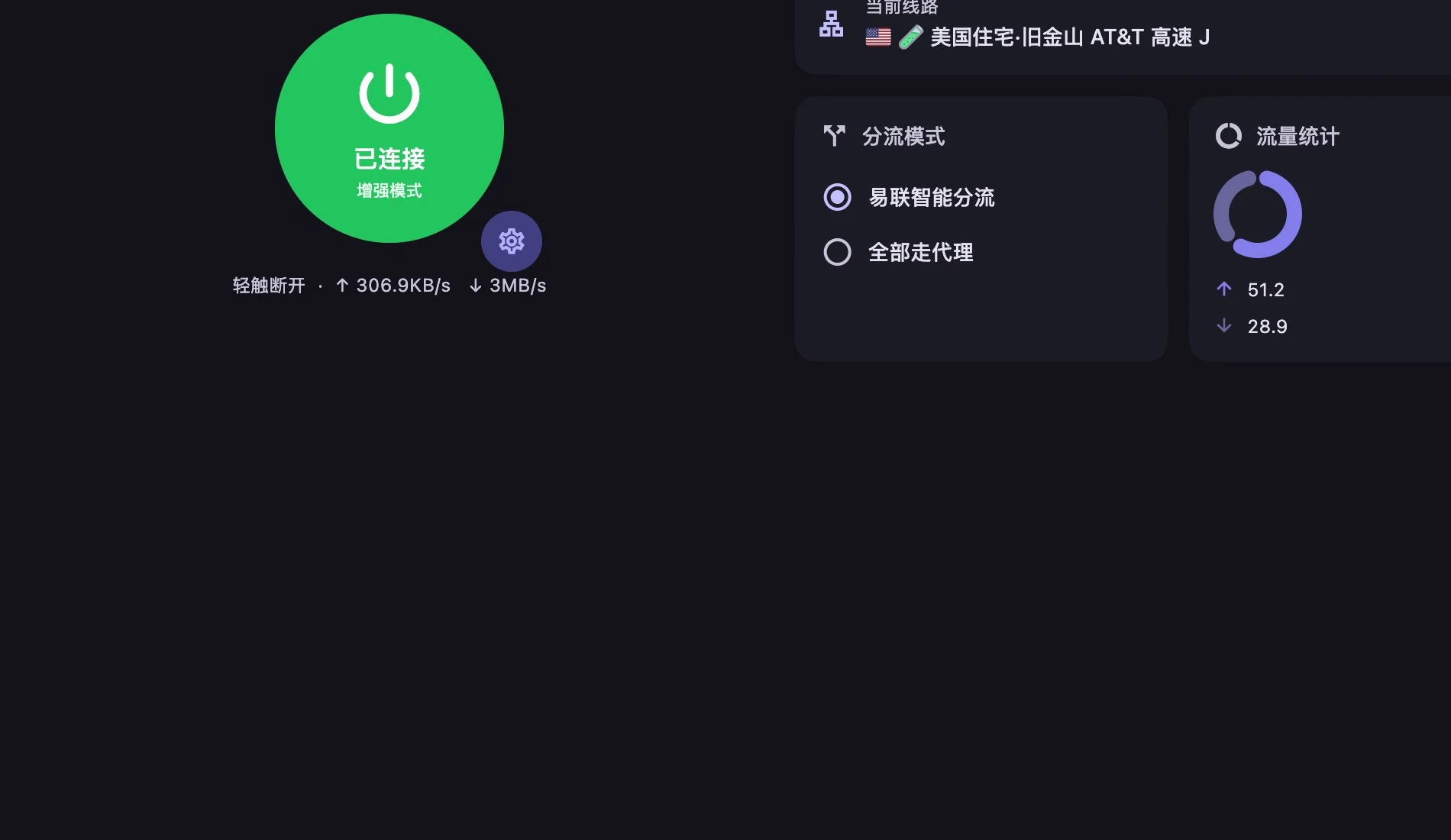 2026年10月23日易联正式版实拍：客户端在增强模式下已连接，分流模式选择易联智能分流，当前线路为美国住宅 AT&T；公开图片已裁掉账户和个人信息，画面内没有订阅地址或 token