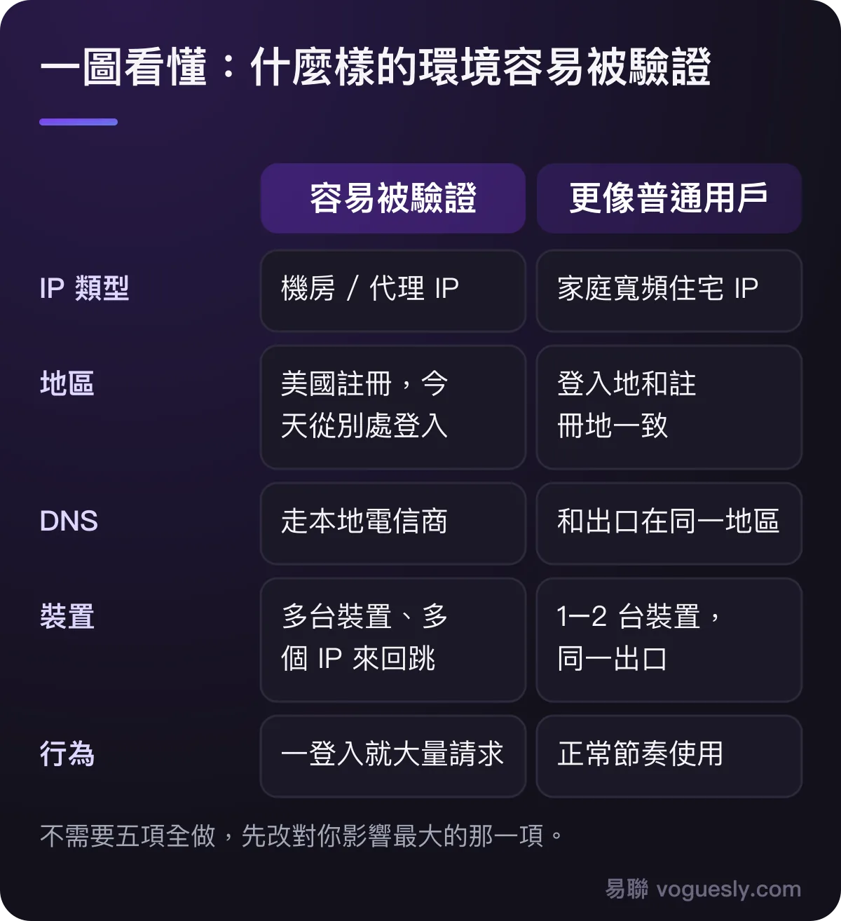 容易被驗證與更像普通用戶的對照:IP 類型、地區、DNS、裝置、行為五項。