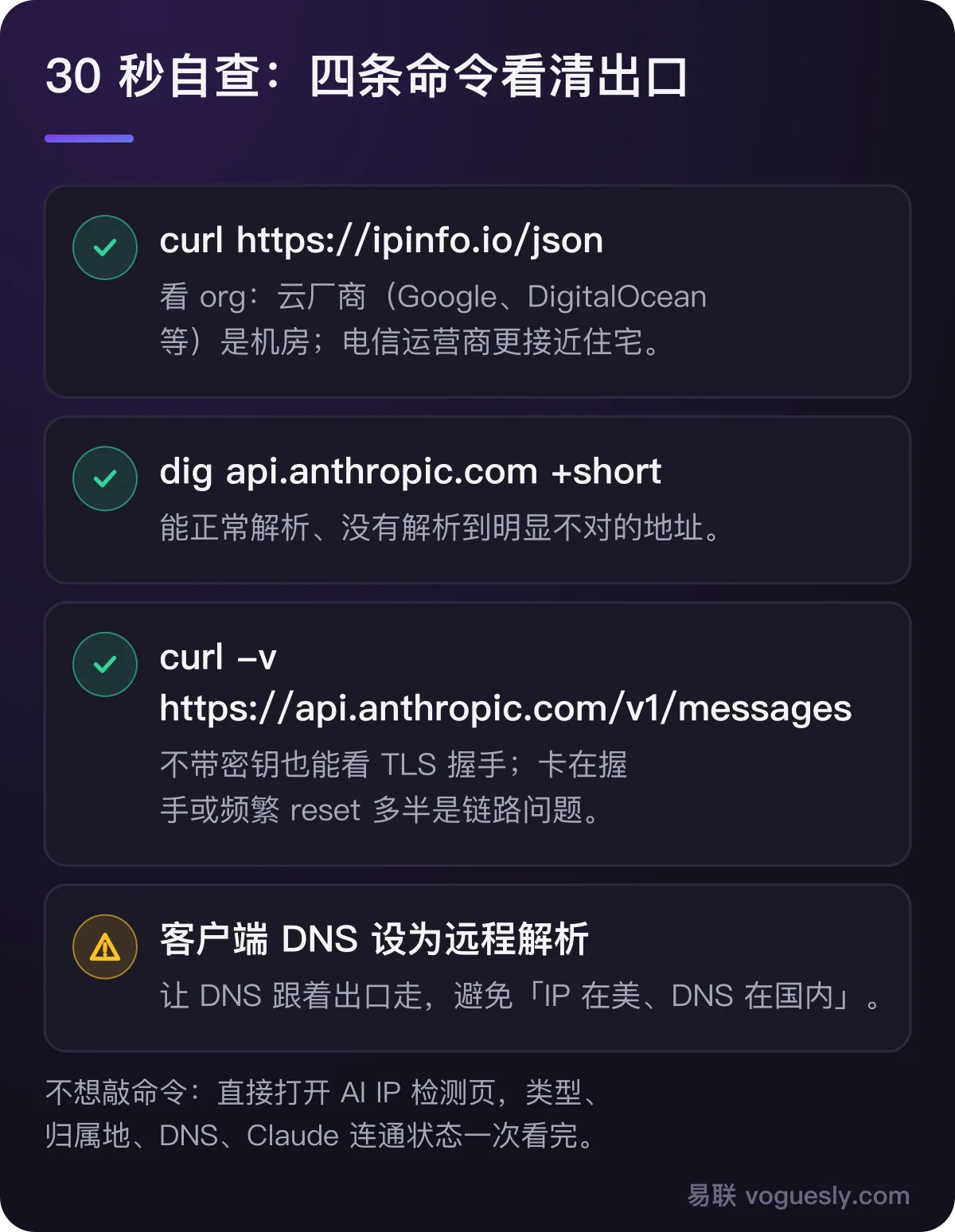 四条自查命令:curl ipinfo 看 org、dig 解析 api.anthropic.com、curl -v 看 TLS 握手、客户端开启远程 DNS。