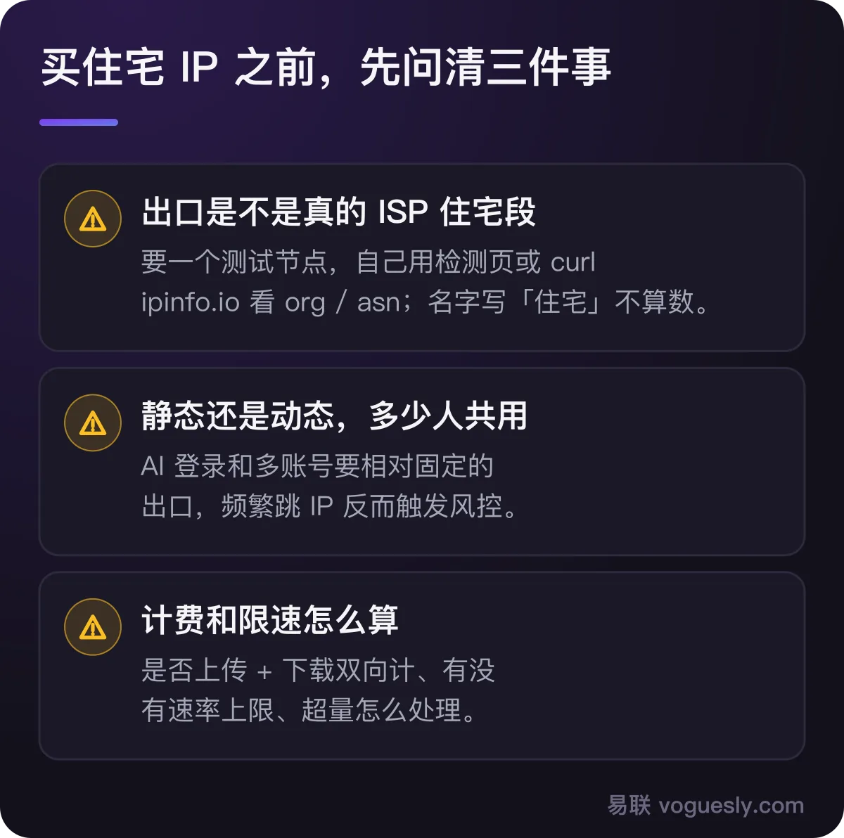 买住宅 IP 前先问清三件事:出口是不是真的 ISP 住宅段、静态还是动态及共享程度、计费和限速怎么算。